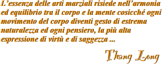 
L’essenza delle arti marziali risiede nell’armonia ed equilibrio tra il corpo e la mente cosicché ogni movimento del corpo diventi gesto di estrema naturalezza ed ogni pensiero, la più alta espressione di virtù e di saggezza ...                            
                                                                            Thang Long